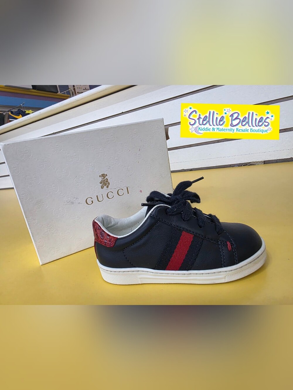 GUCCI Kids Black Leather Sneaker with Red Web Stripe ADORABLE & RARE